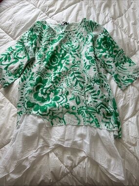 M Green & White Floral Linen Tunic Top